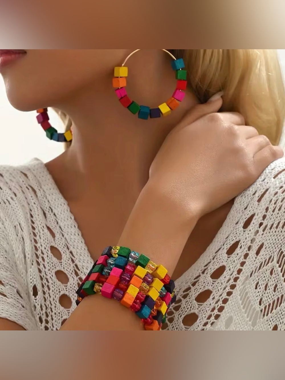 Italian Luxury Boutique Colorful Multicolored Cube Hoop Earrings Bracelet Set